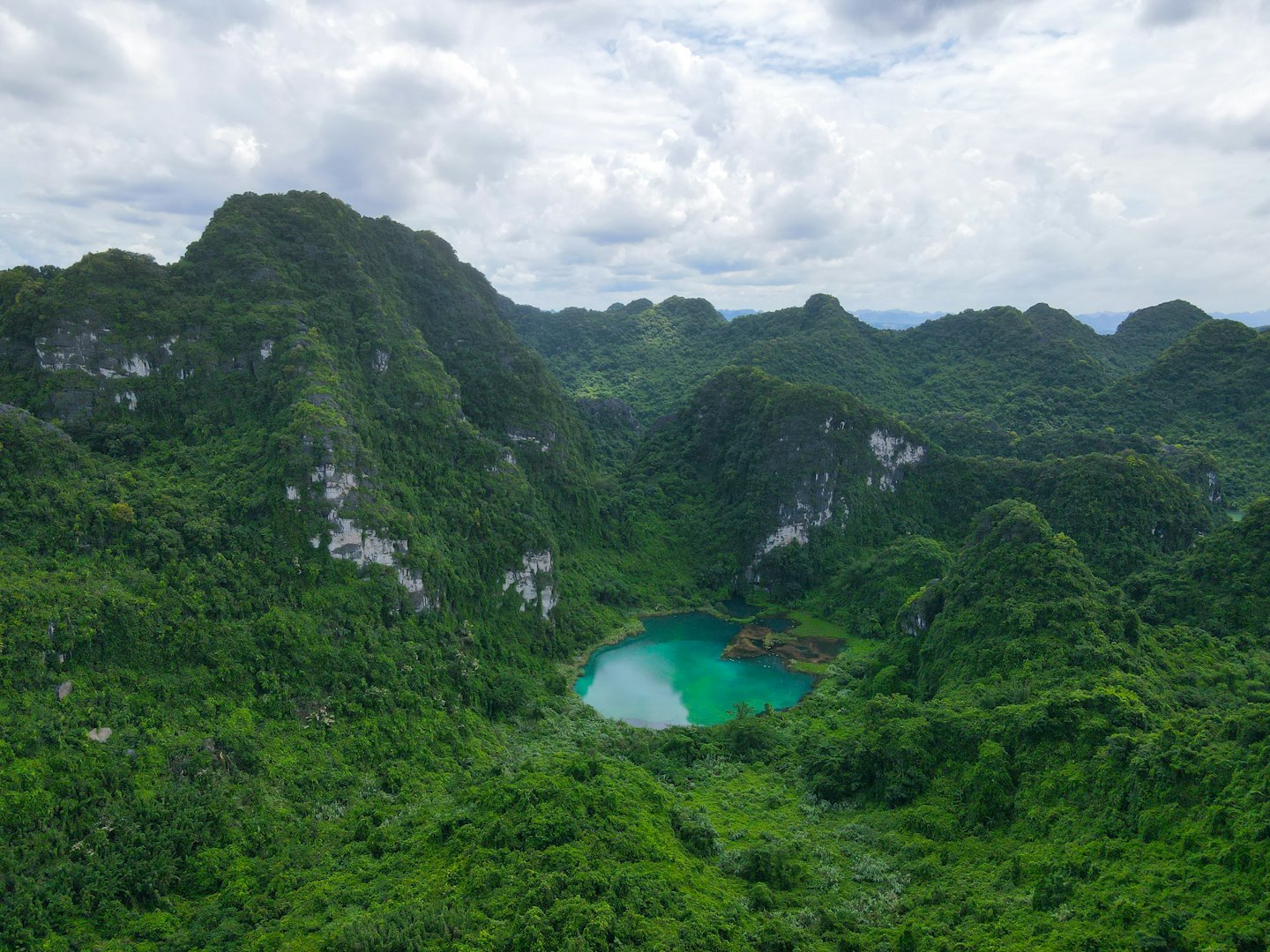A turquoise lake surrounded by tall green limestone mountains.